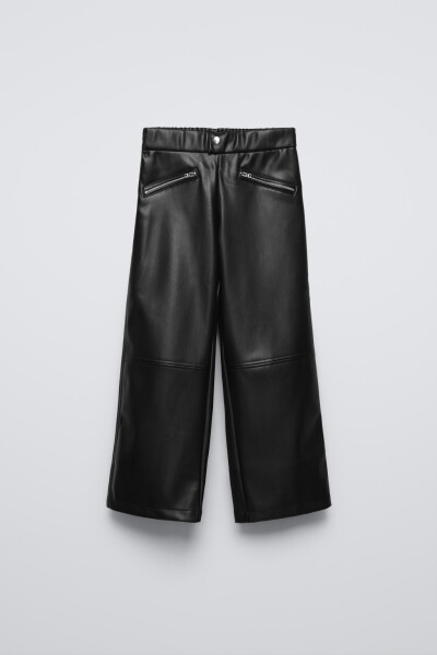 FAUX LEATHER WIDE LEG PANTS-Black - 2