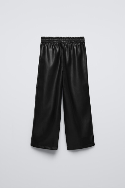 FAUX LEATHER WIDE LEG PANTS-Black - 3