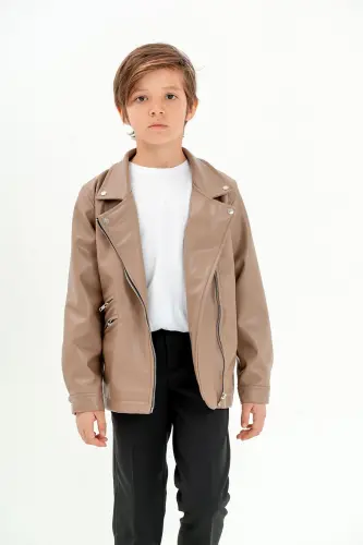 Faux Leather Zipped Boy's Jacket - Mink 