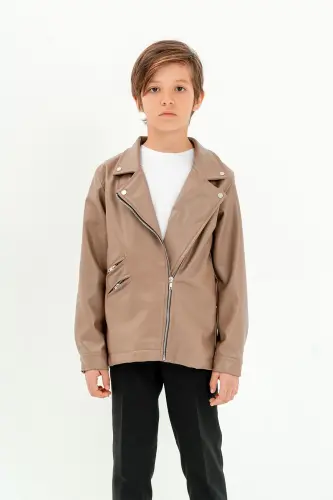 Faux Leather Zipped Boy's Jacket - Mink - 3