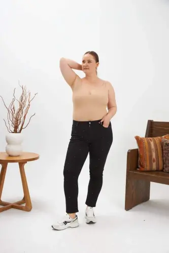 Faux Stone Embellished Plus Size Black Denim Jeans - 3