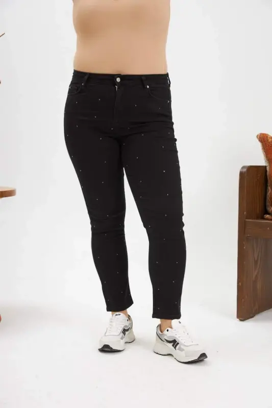 Faux Stone Embellished Plus Size Black Denim Jeans - 4