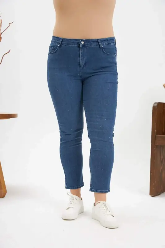 Faux Stone Embellished Plus Size Blue Jeans - 1
