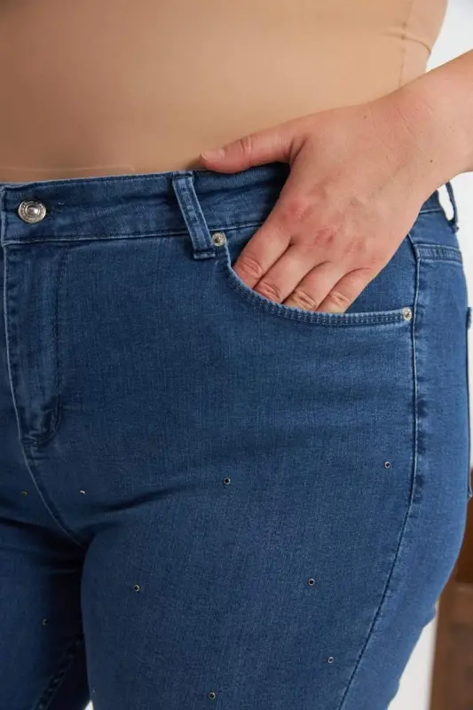 Faux Stone Embellished Plus Size Blue Jeans - 6