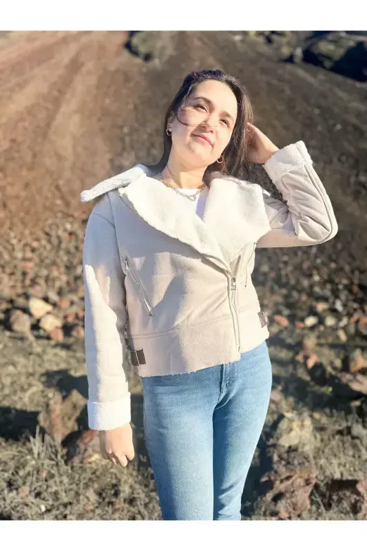 Faux Suede Crop Biker Jacket with Faux Fur Lining - Beige - 7