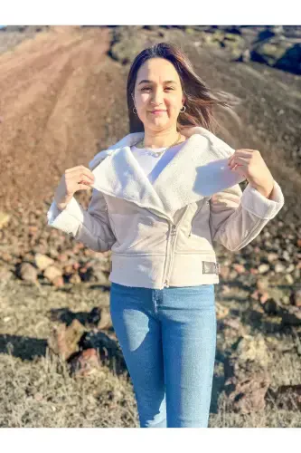 Faux Suede Crop Biker Jacket with Faux Fur Lining - Beige - 8