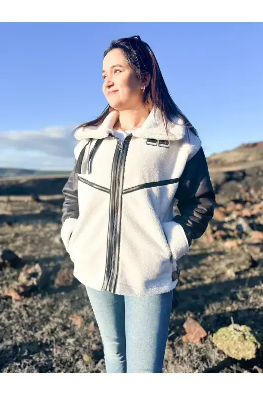 Faux Suede Crop Biker Jacket with Faux Fur Lining - BLACK - 1