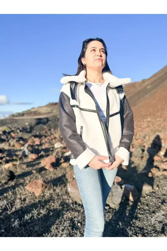 Faux Suede Crop Biker Jacket with Faux Fur Lining - BLACK - 3