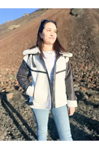 Faux Suede Crop Biker Jacket with Faux Fur Lining - BLACK - 5