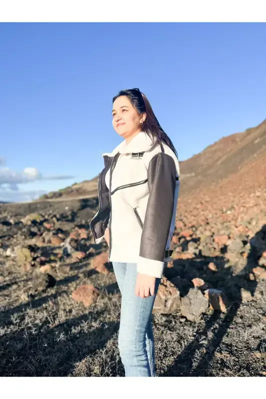 Faux Suede Crop Biker Jacket with Faux Fur Lining - BLACK - 6