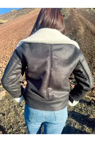 Faux Suede Crop Biker Jacket with Faux Fur Lining-Black - ARV MODA FASHİON THAT İNSPİRES (1)