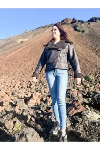 Faux Suede Crop Biker Jacket with Faux Fur Lining - DARK BLACK - 3