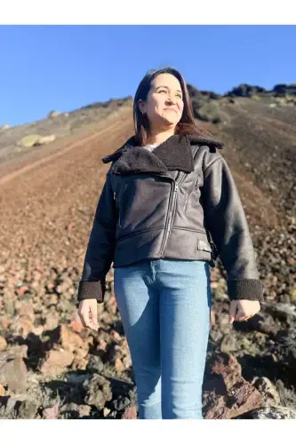 Faux Suede Crop Biker Jacket with Faux Fur Lining - DARK BLACK - 4