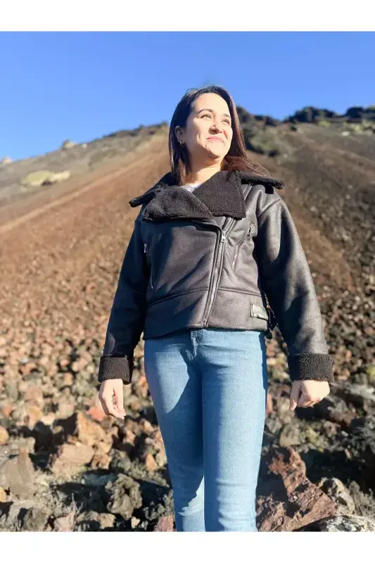 Faux Suede Crop Biker Jacket with Faux Fur Lining - DARK BLACK - 4