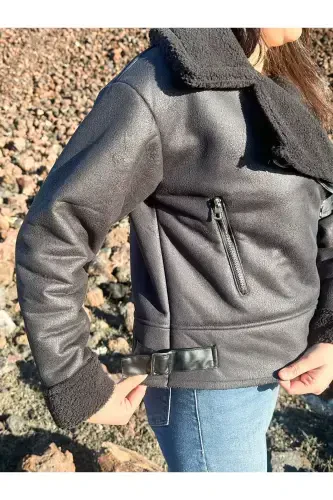 Faux Suede Crop Biker Jacket with Faux Fur Lining - DARK BLACK - 5