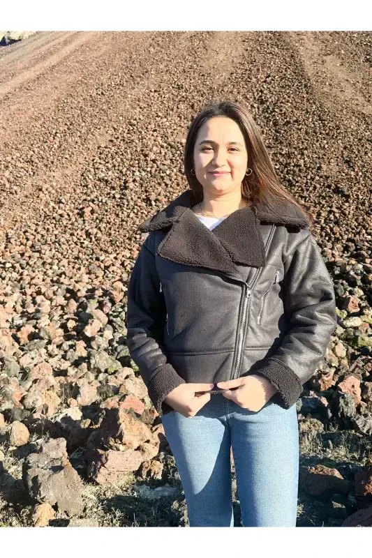 Faux Suede Crop Biker Jacket with Faux Fur Lining - DARK BLACK - 6