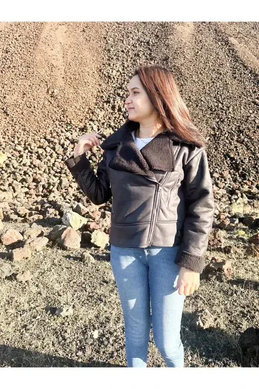 Faux Suede Crop Biker Jacket with Faux Fur Lining - DARK BLACK - 7