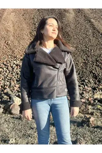 Faux Suede Crop Biker Jacket with Faux Fur Lining - DARK BLACK - 8