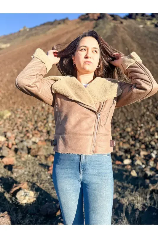 Faux Suede Crop Biker Jacket with Faux Fur Lining-Light Brown - ARV MODA FASHİON THAT İNSPİRES