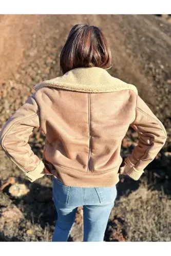 Faux Suede Crop Biker Jacket with Faux Fur Lining-Light Brown - ARV MODA FASHİON THAT İNSPİRES (1)