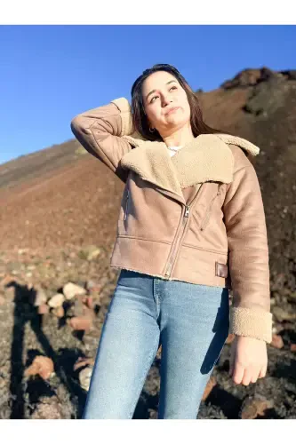 Faux Suede Crop Biker Jacket with Faux Fur Lining-Light Brown - 4