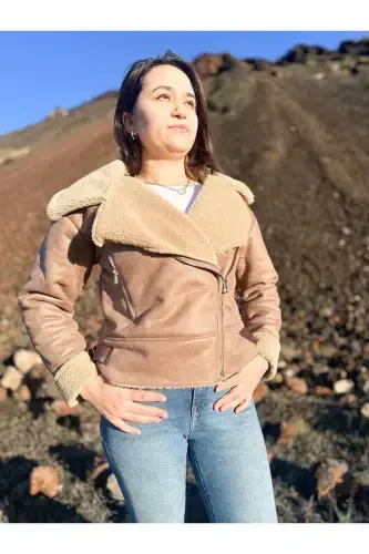 Faux Suede Crop Biker Jacket with Faux Fur Lining-Light Brown - 6