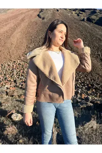 Faux Suede Crop Biker Jacket with Faux Fur Lining-Light Brown - 8