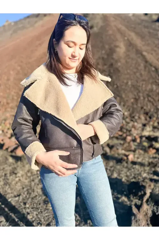 Faux Suede Crop Jacket with Faux Fur Lining-BLACK - 3