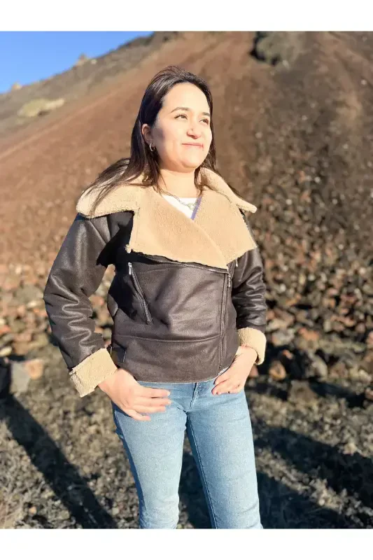 Faux Suede Crop Jacket with Faux Fur Lining-BLACK - 4