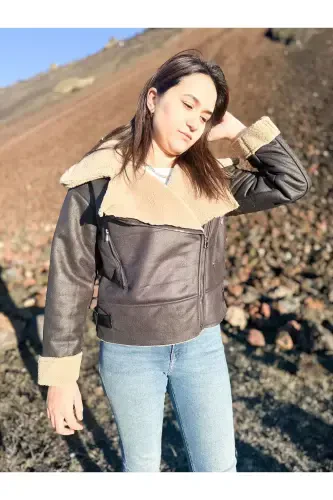 Faux Suede Crop Jacket with Faux Fur Lining-BLACK - 5