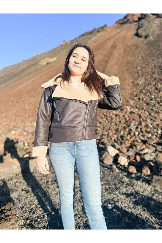 Faux Suede Crop Jacket with Faux Fur Lining-BLACK - 8