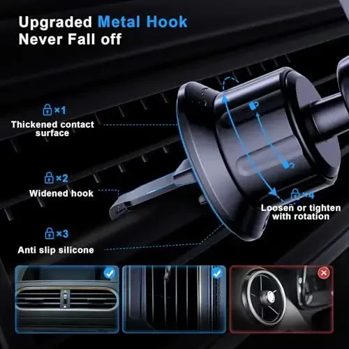 FBB Phone Mount for Car, Air Vent Car Phone Holder with Metal Hook, One-Handed Operation 360° Rotation Cradle Compatible with 4-7 inch iPhone Samsung and Other Smartphones - FBB (1)