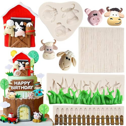 FCKEMLDS Farm Animal Cow Pig Sheep Head Silicone Mold Green Grass Picket Fence Wood Grain Tree Bark Fondant Mold for Farm Themed Cake Decoration Cupcake Topper Chocolate Candy Gum Paste Set of 4 - 1