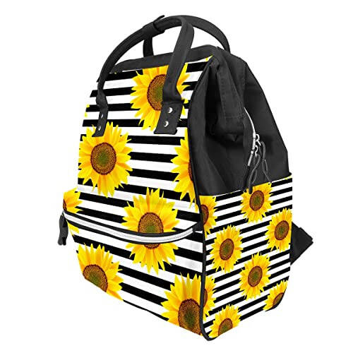 FCZ Backpack Diaper Bag Durable Shoulder Bag Mom Dad Diaper Backpack Lightweight Large Capacity Travel Daypack-Stipes Sunflower - 2