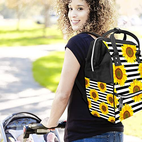 FCZ Backpack Diaper Bag Durable Shoulder Bag Mom Dad Diaper Backpack Lightweight Large Capacity Travel Daypack-Stipes Sunflower - 6