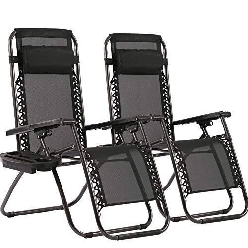 FDW Zero Gravity Lawn Lounge Chairs Set of 2 with Pillow and Cup Holder - Adjustable Reclining Folding Outdoor Chairs for Deck, Beach, Yard - 1