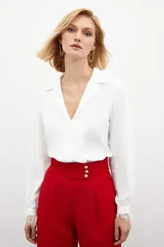 Feather Detail Oversize Shirt - Ecru - 1