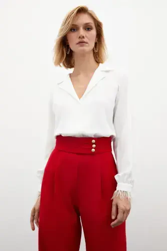 Feather Detail Oversize Shirt - Ecru - 3