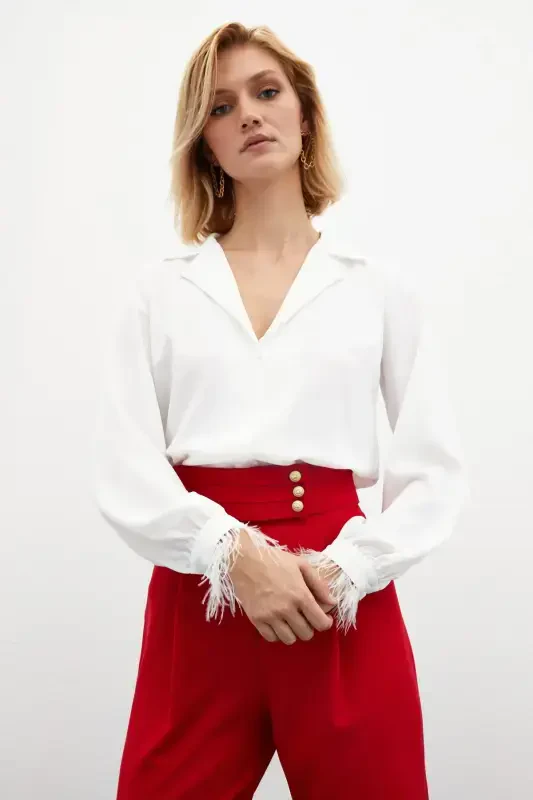 Feather Detail Oversize Shirt - Ecru - 4