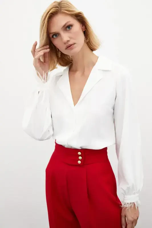 Feather Detail Oversize Shirt - Ecru - 5