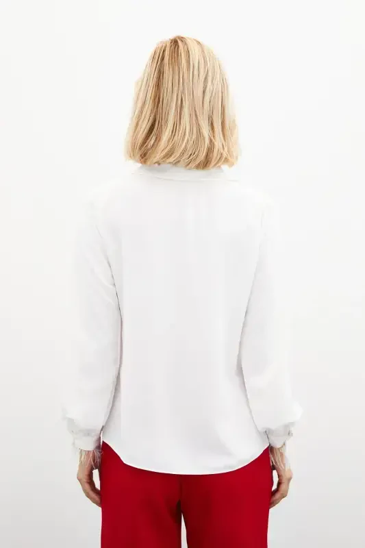 Feather Detail Oversize Shirt - Ecru - 7