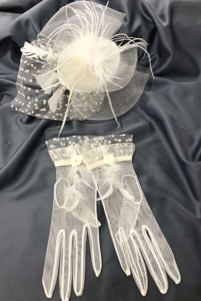 Feathery Bridal Gloves and Polka Dot Bridal Hat - 4