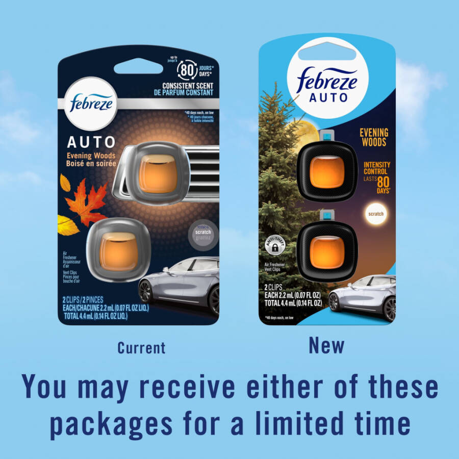 Febreze AUTO Car Air Freshener, Odor-Fighting Car Vent Clip, Evening Woods, 2 Count- - 8
