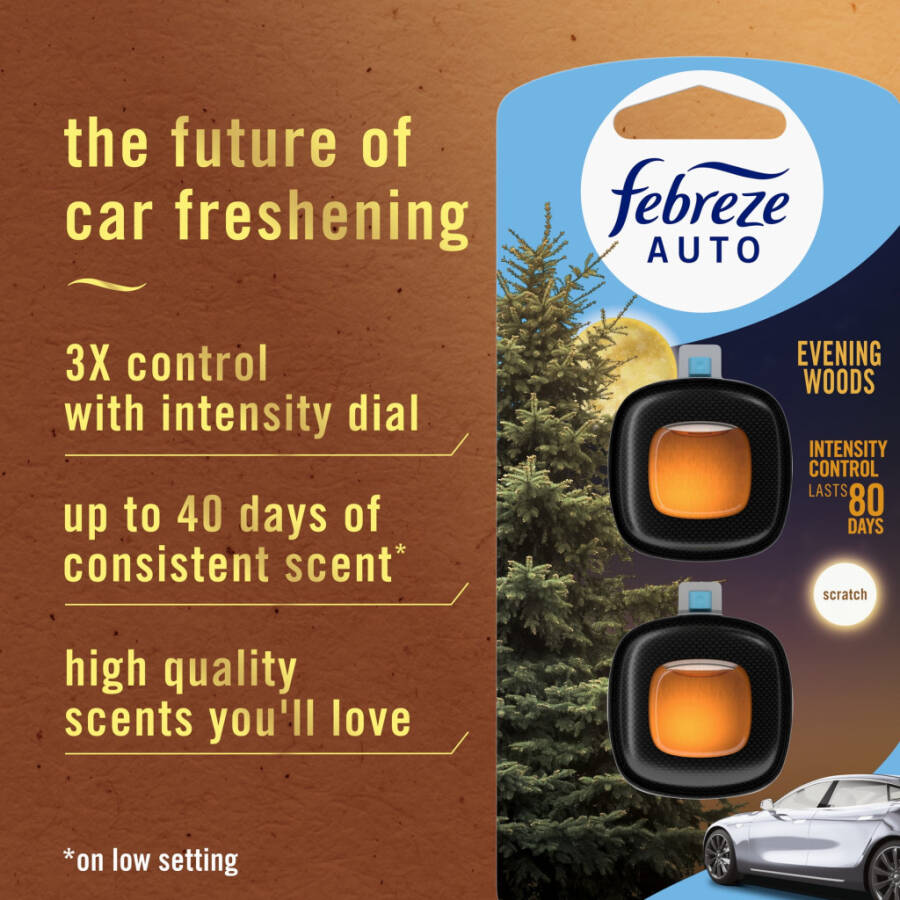Febreze AUTO Car Air Freshener, Odor-Fighting Car Vent Clip, Evening Woods, 2 Count - 2