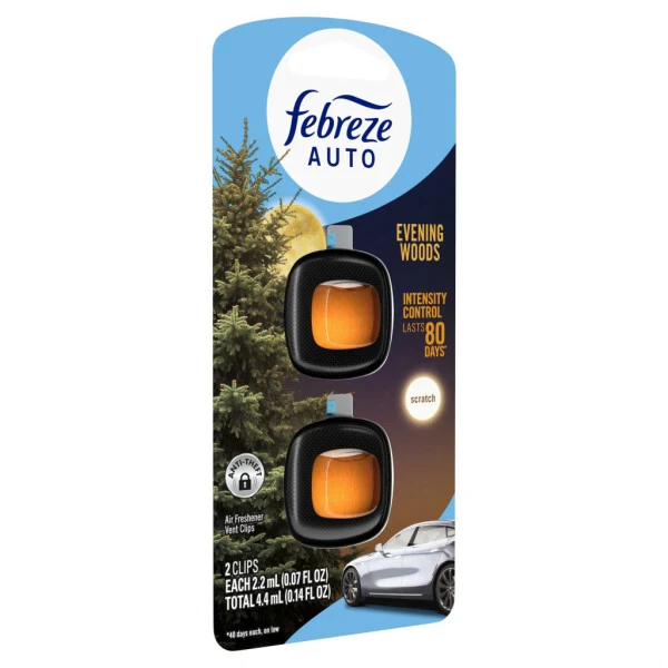 Febreze AUTO Car Air Freshener, Odor-Fighting Car Vent Clip, Evening Woods, 2 Count - 11