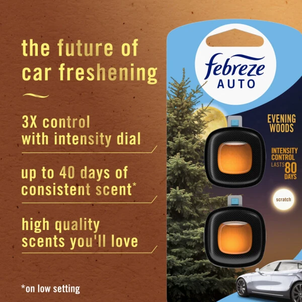 Febreze AUTO Car Air Freshener, Odor-Fighting Car Vent Clip, Evening Woods, 2 Count - 2