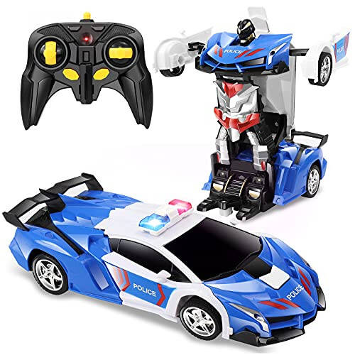 Febyhim Remote Control Car, 2.4Ghz Transform RC Cars, 1:18 Scale Police Car Toy with Flashing Light, One Button Transformation, 360 Degree Rotating Drifting Toys for Boys Age 4-7 8-12 - 1