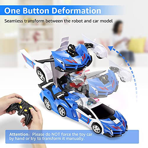 Febyhim Remote Control Car, 2.4Ghz Transform RC Cars, 1:18 Scale Police Car Toy with Flashing Light, One Button Transformation, 360 Degree Rotating Drifting Toys for Boys Age 4-7 8-12 - 3