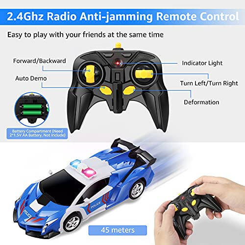 Febyhim Remote Control Car, 2.4Ghz Transform RC Cars, 1:18 Scale Police Car Toy with Flashing Light, One Button Transformation, 360 Degree Rotating Drifting Toys for Boys Age 4-7 8-12 - 5