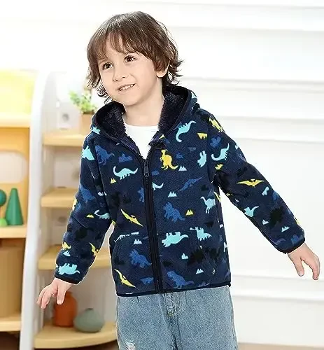 Feidoog Toddler Fleece Kurtka Bolalar Qizlar Kapüşonli Fermuar Uzun Qisma Qalin Issiq Ustki Kiyim - 3